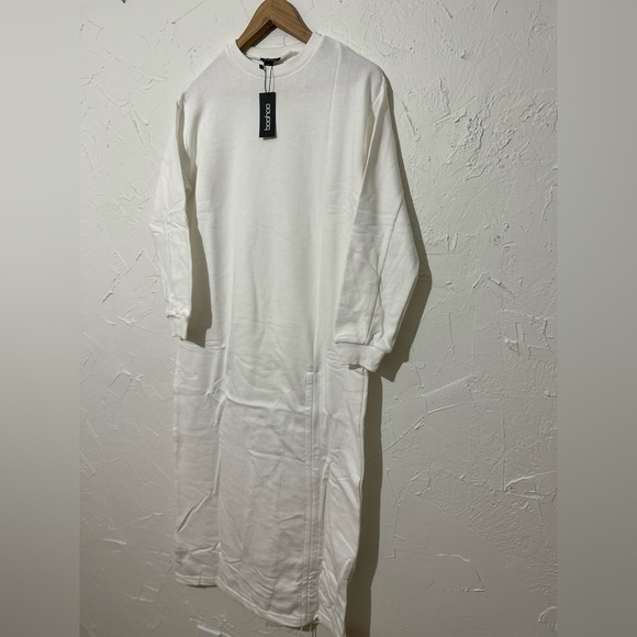 Boohoo White Long Sleeve Ruched Sweatshirt Dress Sz XS | Casual Chic Fall Outfit - Picture 2 of 11